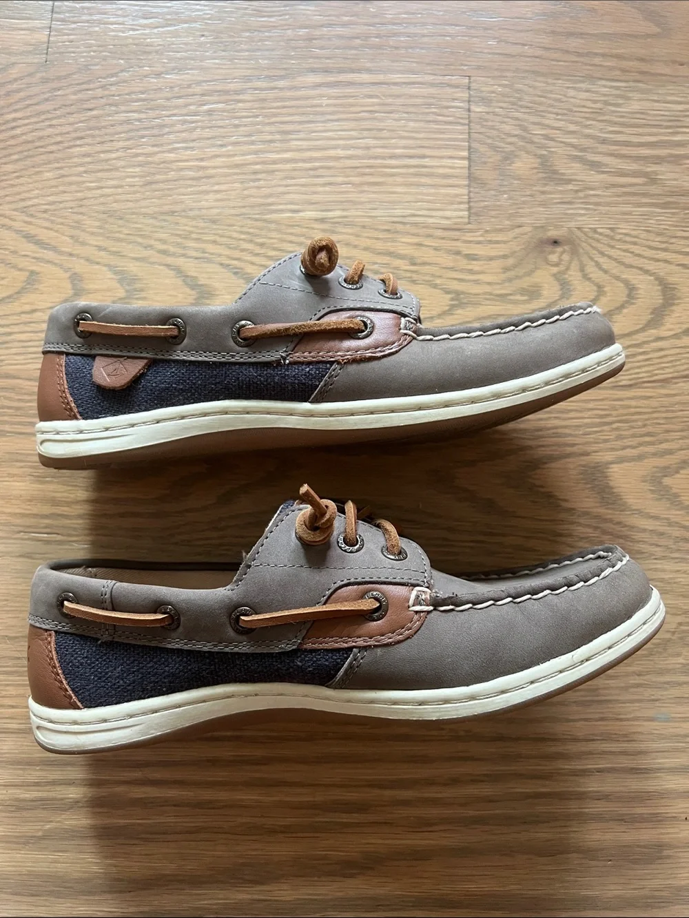Women’s Sperry Taupe and Navy Boat Shoes with Brown Leather Accents